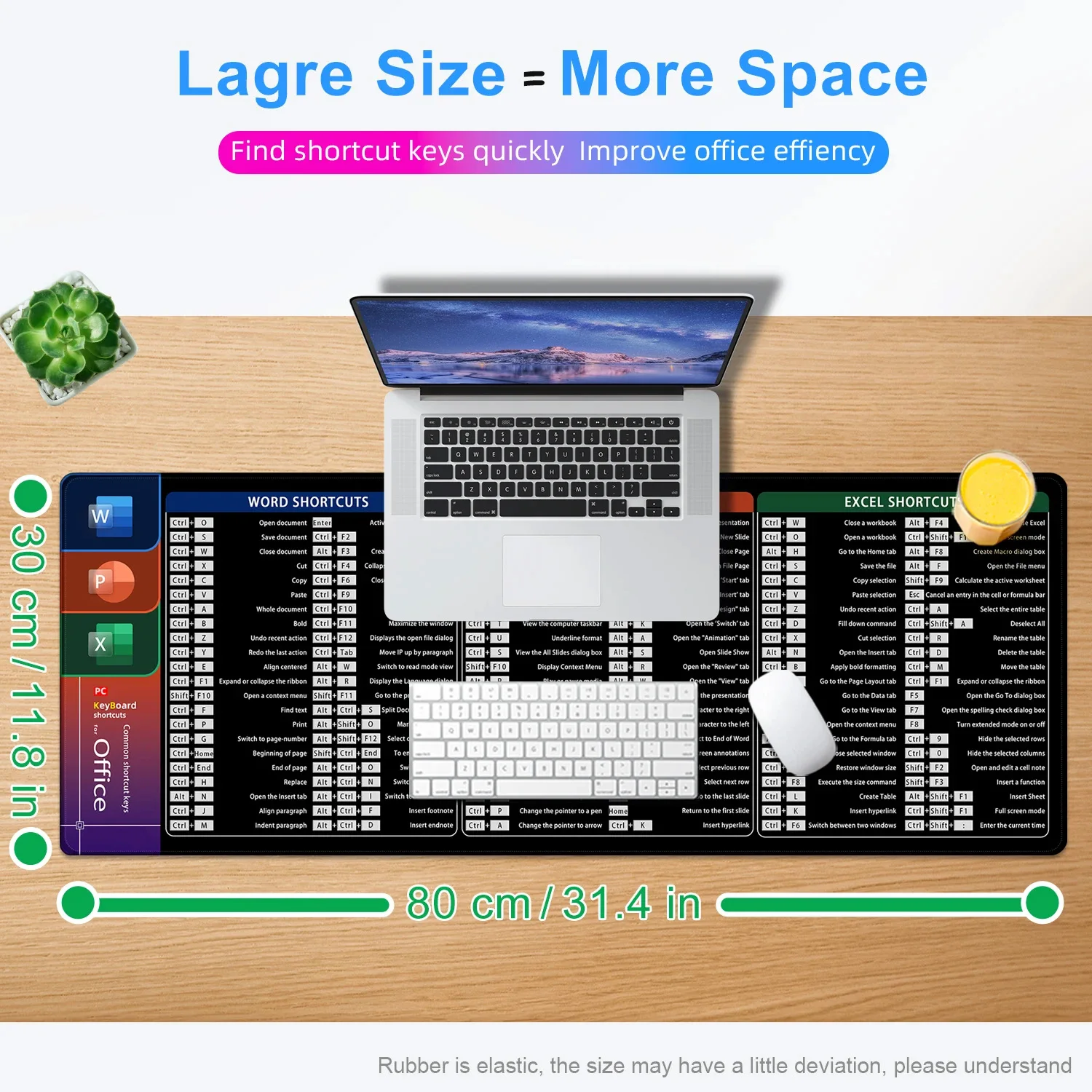 Office XXL Shortcuts Mouse Pad Large Extended Big Keyboard Mousepad for Excel Word Powerpoint Gaming Desk Mat Stitched Edge