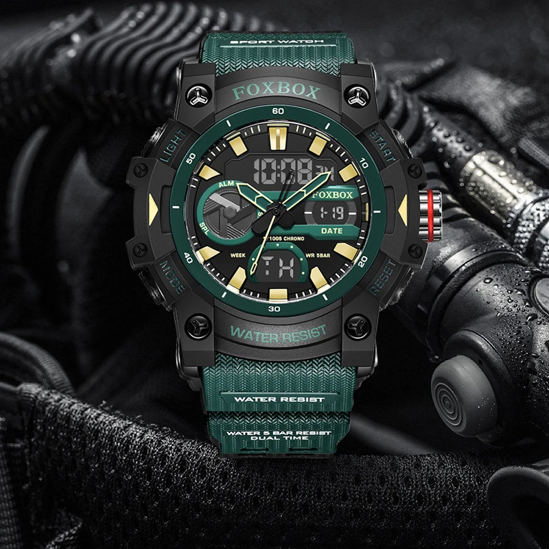 FOXBOX TOP Men's watches quartz wristwatch waterproof dual time display military men's clock watches for men reloj hommes+BOX