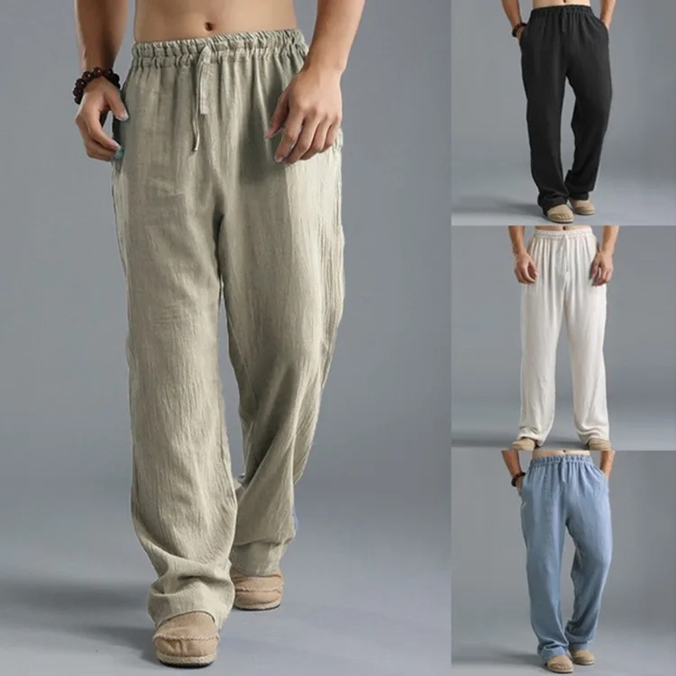 Loose Cotton Linen Men's Casual Pants Summer Straight Leg Low Waist Long Trousers Youthful Vitality Style Khaki  Color