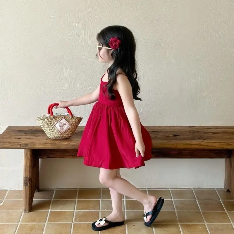 Baby girl's summer new style children's high-end backless red suspender dress 90-140cm