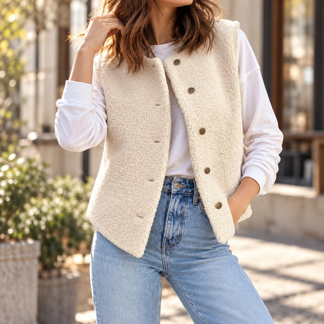 Round Neck Sleeveless Vest Regular Fit Elegant Temperament with Single Row Multi Button Closure Vacation Style Winter Women Vest
