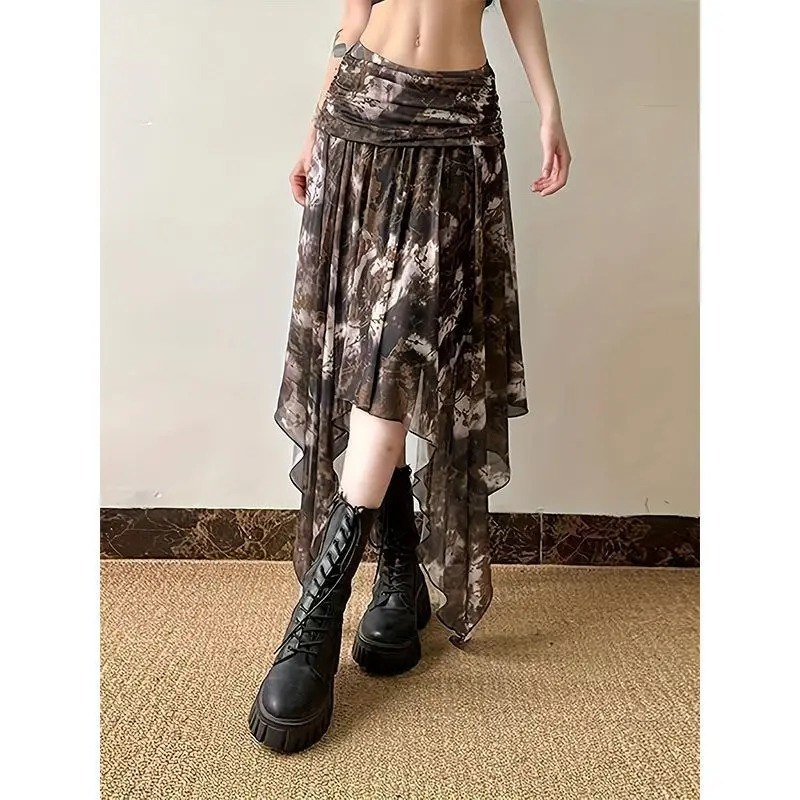 Summer New Retro Mesh Irregular Printing Skirt Splicing Spice Girl Dress