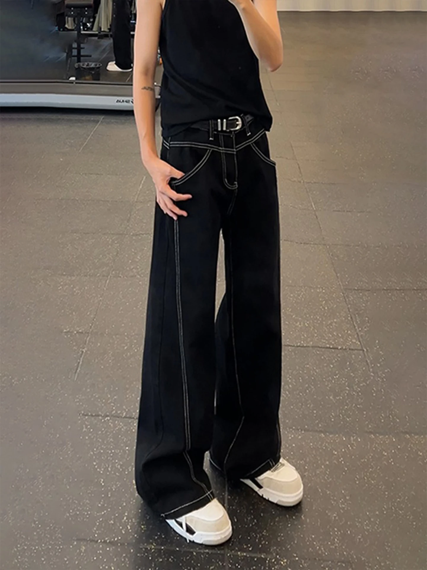 

Black Men's Straight Leg Jeans Knife Detail Clean Fit Bell Bottoms American High Street Wide Leg Jeans Casual Wear