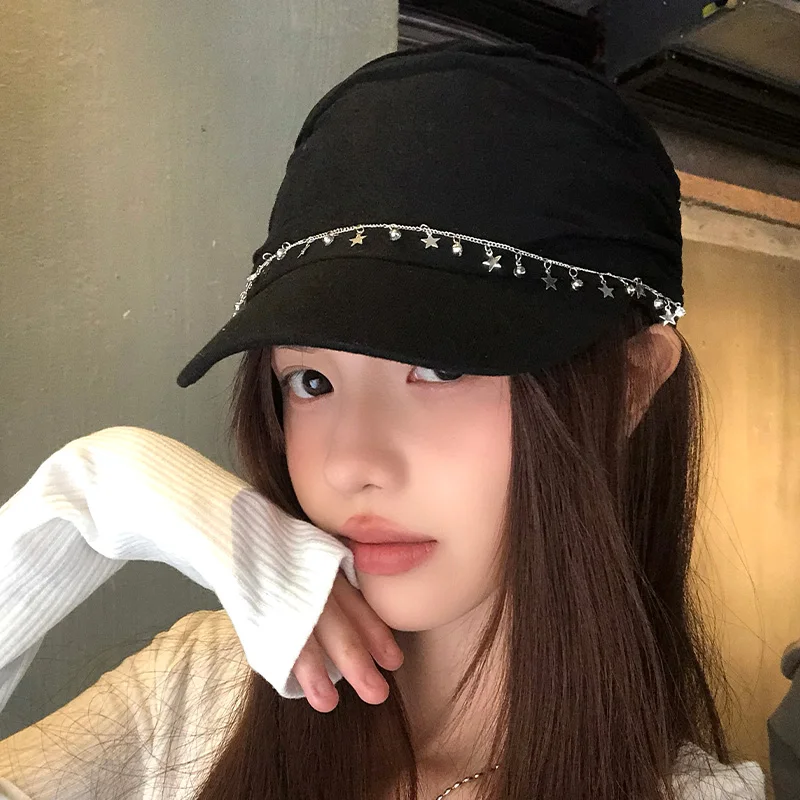 Spring new retro British style black versatile forward hat fashion chain beret artistic style peaked cap simple sun hat
