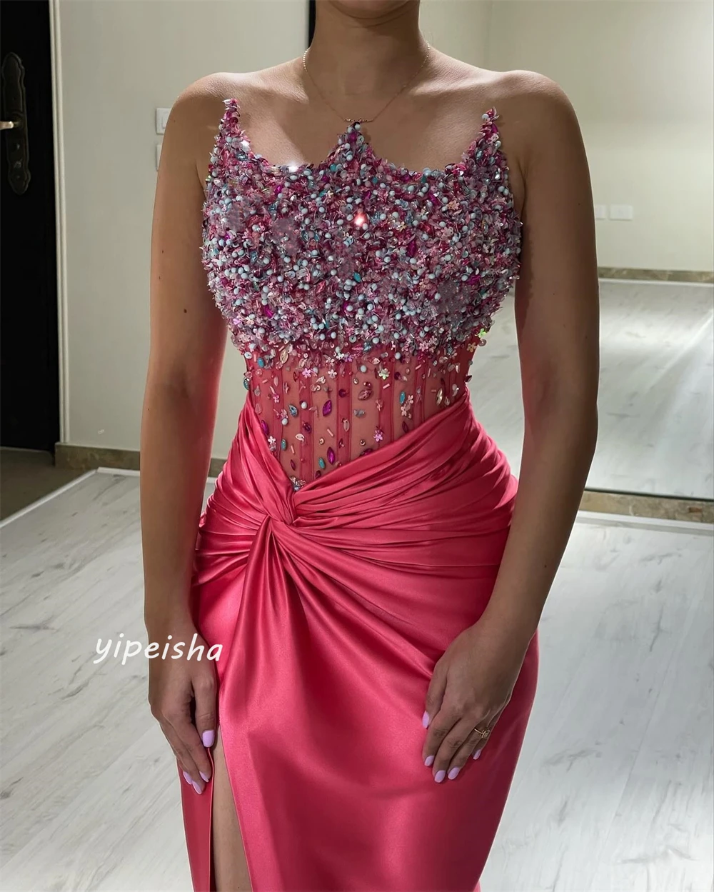 Customized Jersey Sequined Ruched Homecoming A-line Strapless Bespoke Occasion Gown Long Dresses