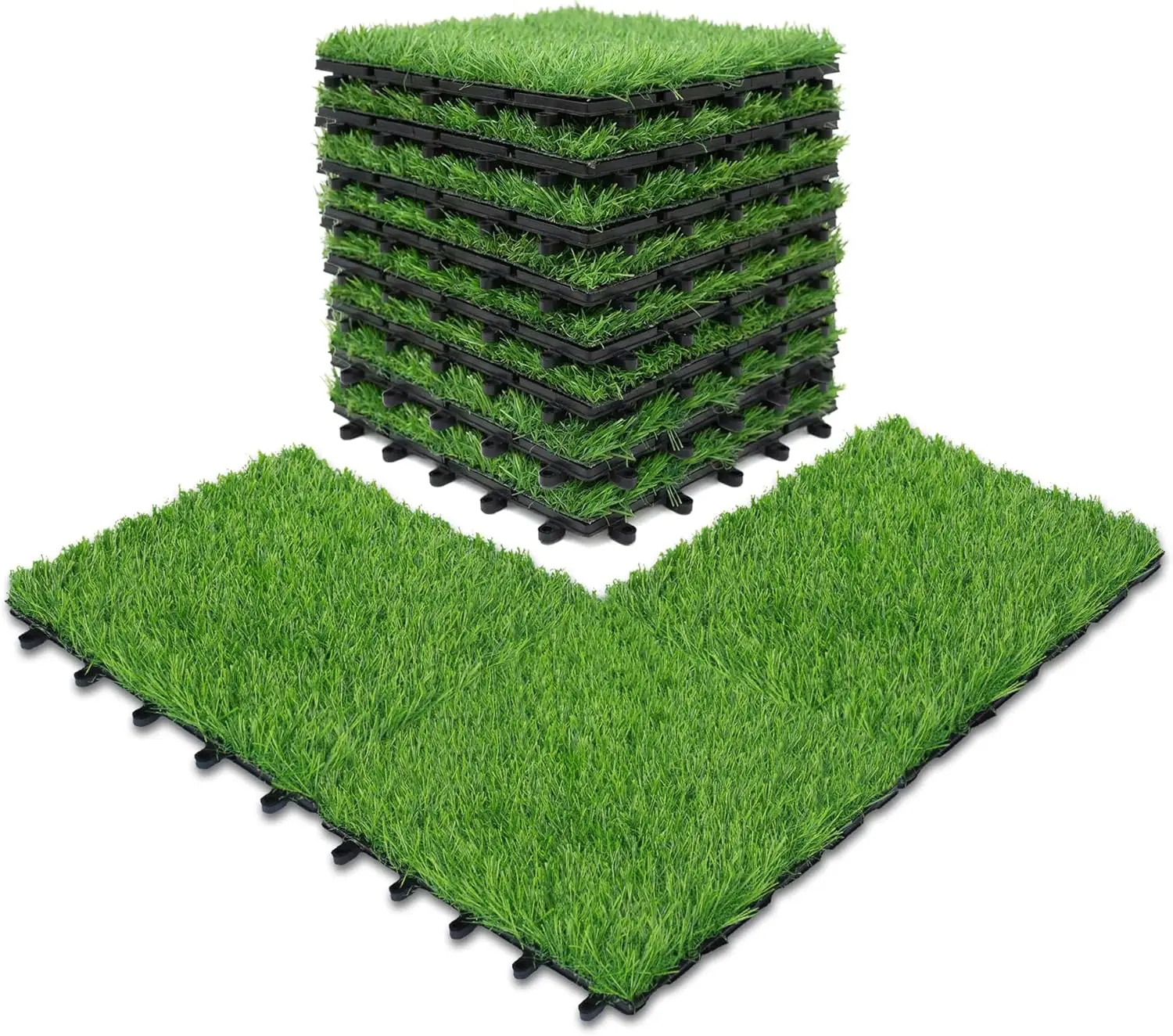 

Interlocking Artificial Turf Grass Deck Tiles 8 Pack -12x12 Fake Grass Snap Flooring -Easy Install
