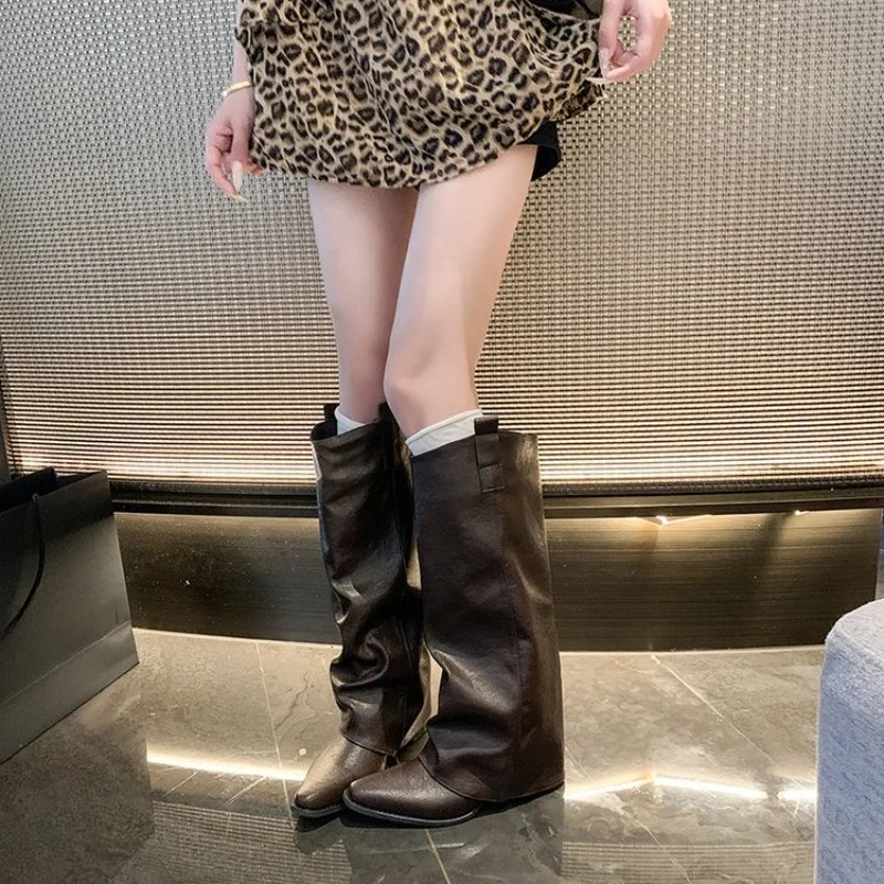 Women Boots Trend Pointed Toe Mid Heels Shoes Elegant Winter New Knee High Woman Knight's Snow Botas