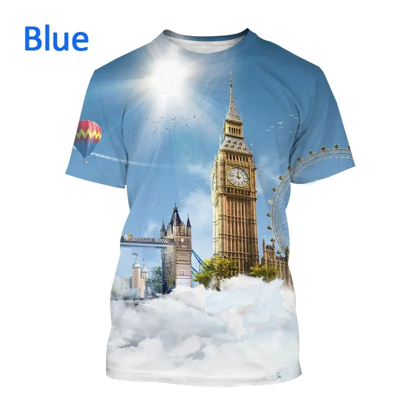 2024 New British London Big Ben Printed Short-sleeved T Shirt Men and Women Casual Clock Tower Building Streetwear Top