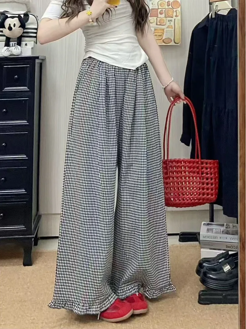 Pantalones de pierna ancha adelgazantes Algodón Lino Encaje a cuadros Madera ain Ear Primavera Verano Casual Pantalones largos de cintura alta Faionable Mujer...