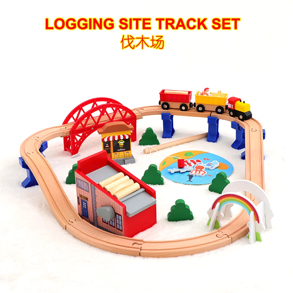 Small Track Set With Cargo Plane Scene Theme On The Logging Site, Children's Fun And Educational Wooden Train Track Toy Set,