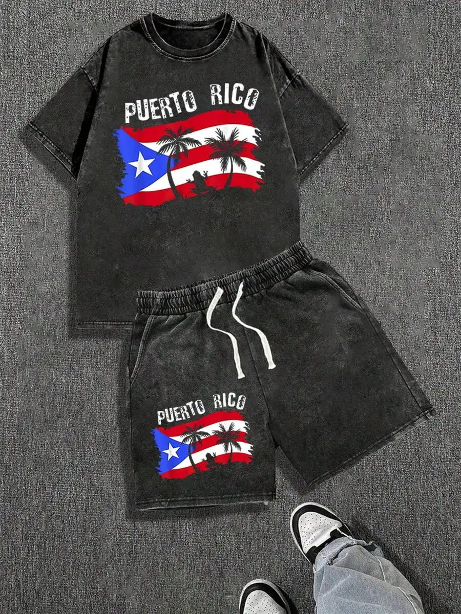 

Puerto Rico Flag Print Washed Cotton T-Shirt And Shorts Set Casual Loose Fit Summer Outfit
