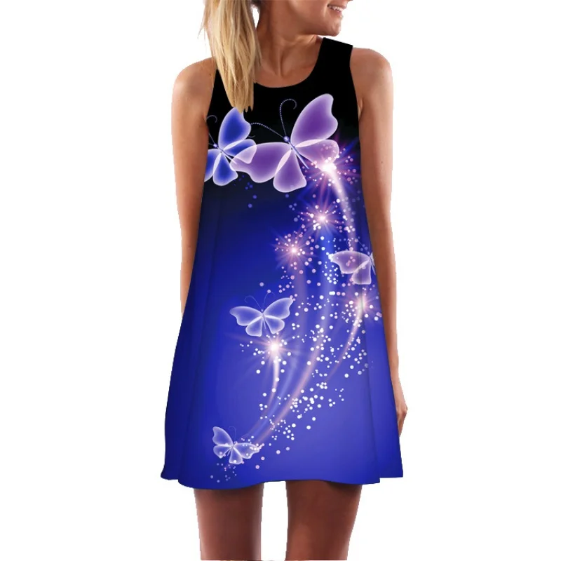 2020 European Station Hot Sale in Europe and America New Digital Printing round Neck off-Shoulder Loose Mid-Length Sleeveless Dr