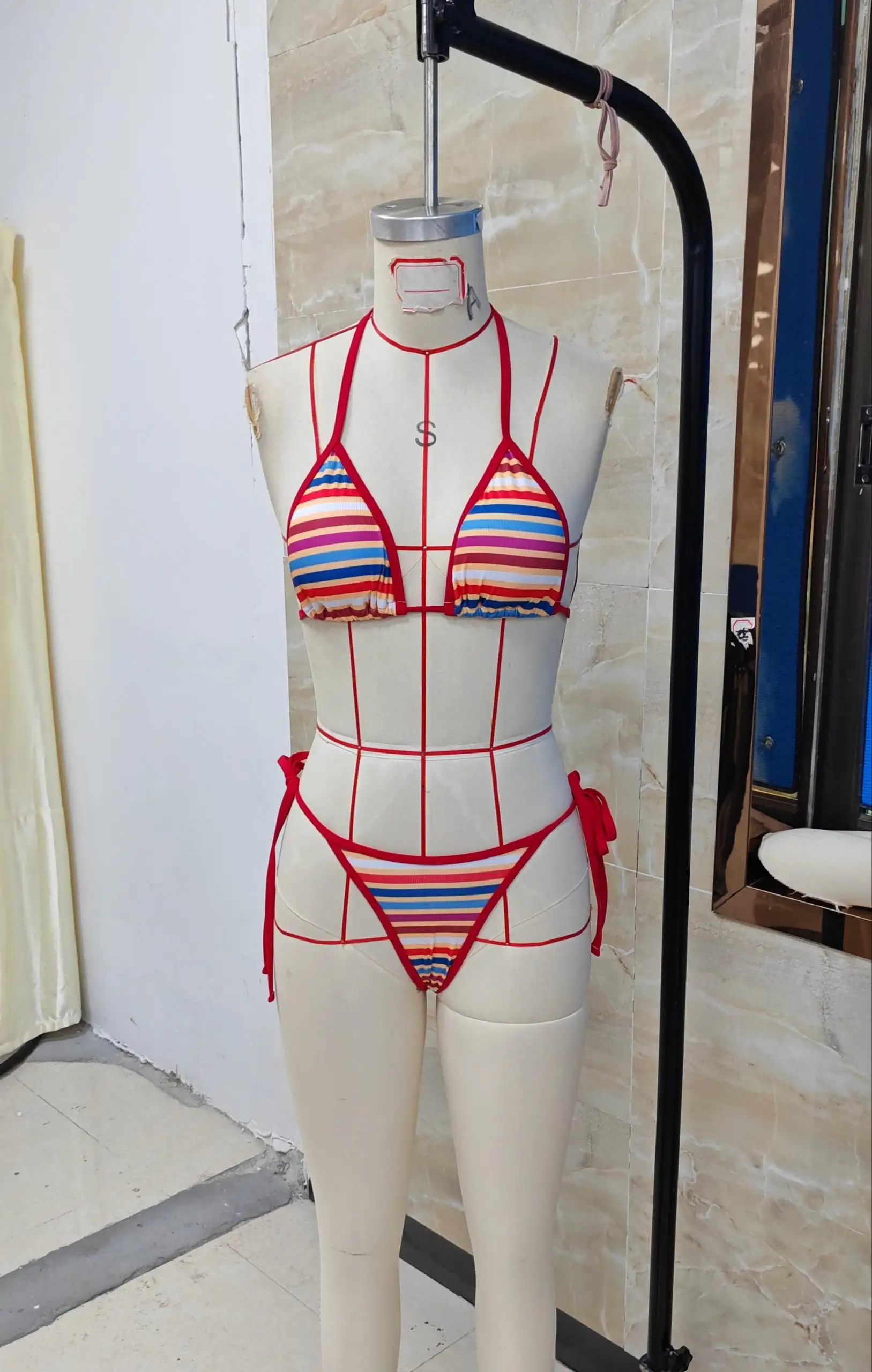 

Women's 3 Piece Bikini Set Fashion Striped Halter Neck Bra Triangle Thong Bathing Suit with Cover Up Shorts