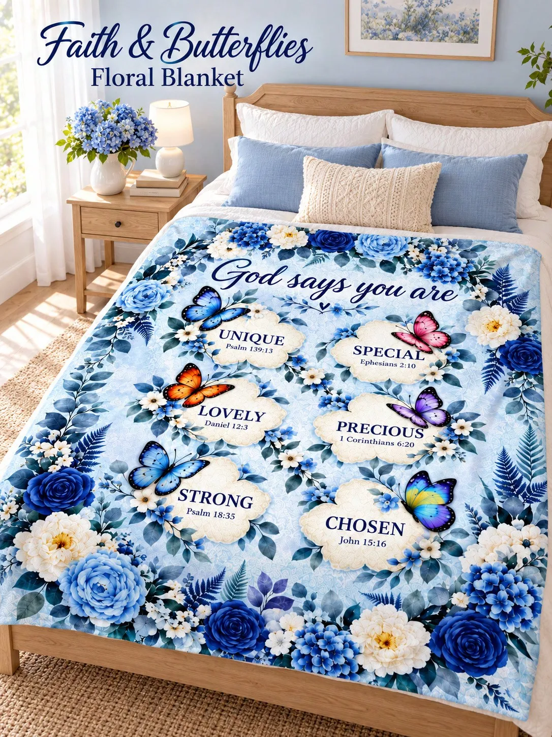 Christian Faith Flannel Blankets & Throws Butterflies Flowers Scripture Affirmations Illustration for Sofa Bed Couch Bedroom Living Room Reading Nook Office Dorm Nap Cabin Home Decor Gifts Women Family Christmas Thanksgiving Birthday Anniversary