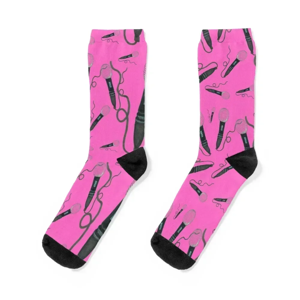 

Microphone Hand Drawn Pattern Hot Pink Pop Music Vintage Retro Mic Drop Socks japanese fashion luxury Socks For Men Women's