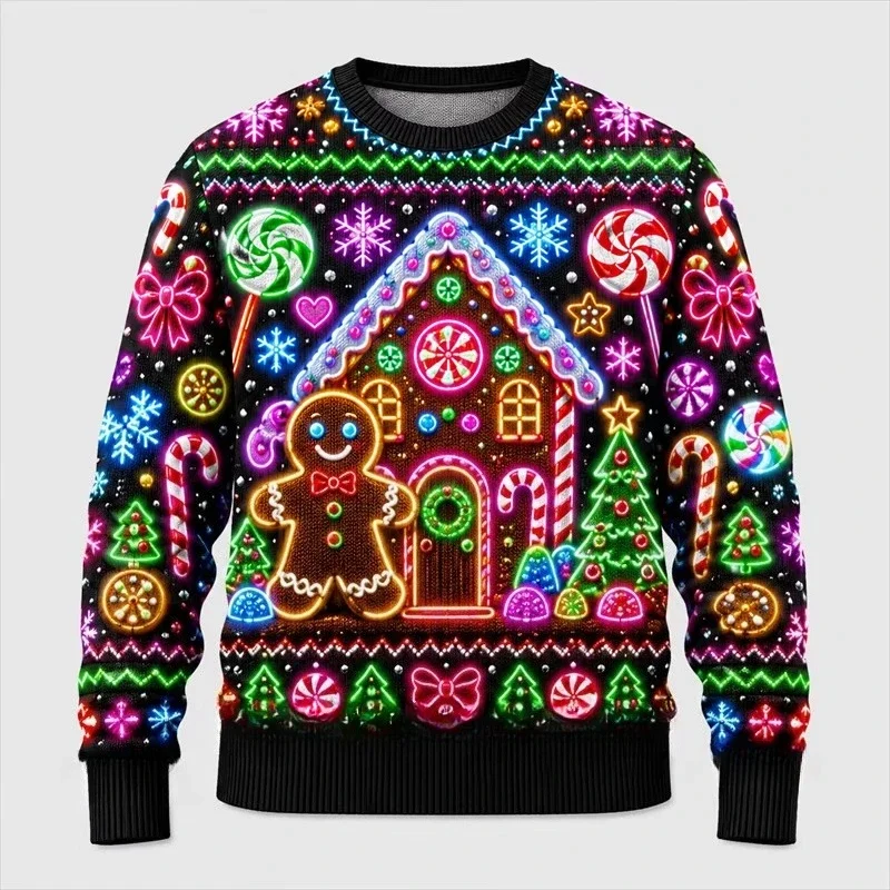 Ugly Christmas Sweater Style Neon Light 3D All Print Long Sleeve TShirt Men Women Unisex Colorful Xmas Pattern Holiday Party Top