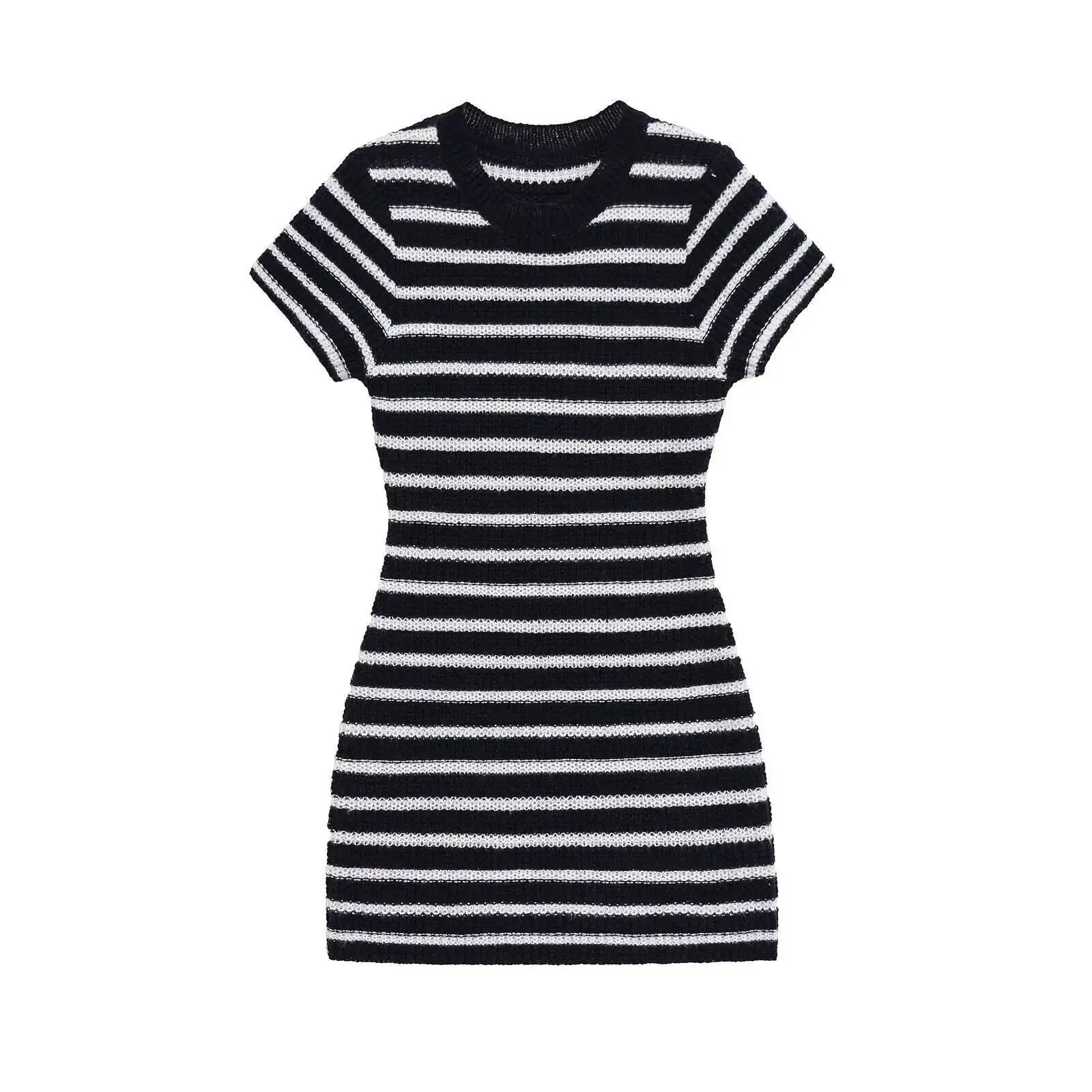 

2025 Summer New Women's Clothing Casual Fashion Slim Round Neck Short Sleeve Striped Wear Knitted Tight Dress
