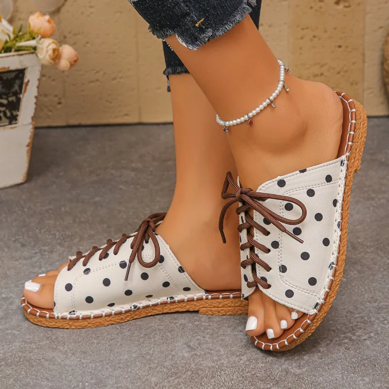 

Summer Luxury Round Toe Lace-up Comfortable Sandals Women's Casual Lightweight Beach Slippers Fashionable Outdoor Shopping Flats
