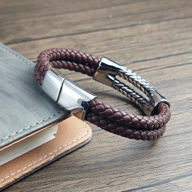 Luxuriöses Retro Doppel-Lederarmband für Herren Kubanische Kornstruktur Ohrförmige Kette Armband Edelstahl Schmuckarmband Geburtstagsgeschenk – Detail 10