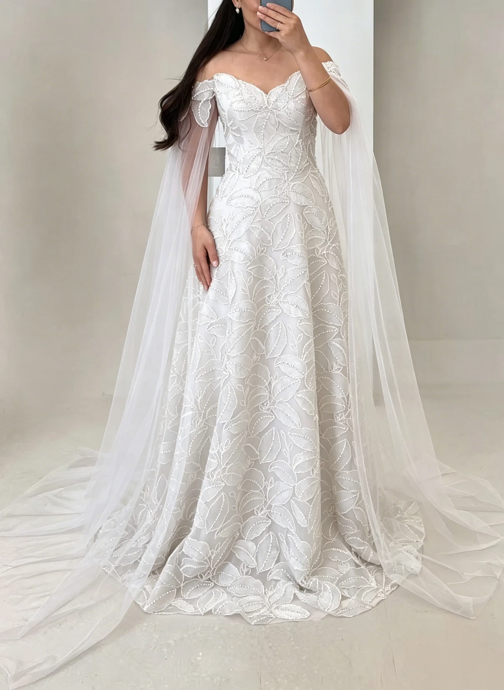 Off Shoulder White 3D Leaf Beaded Tulle Gown Long Cape Sleeve A Line Floor Length Formal Prom Wedding Guest Evening Dress Women