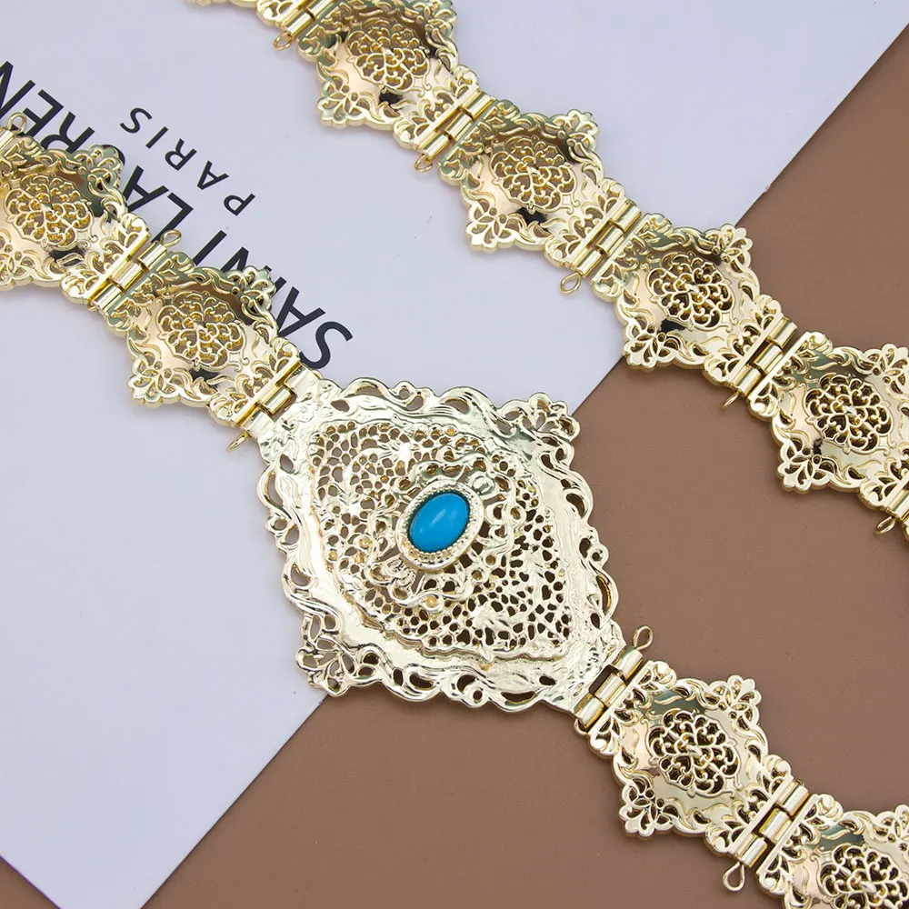 Sunspicems Gold Color Moroccan Kaftan Belt Imitation Jade Stone Arabic Women Bride Jewelry Waist Chain Hollow Persian Pattern