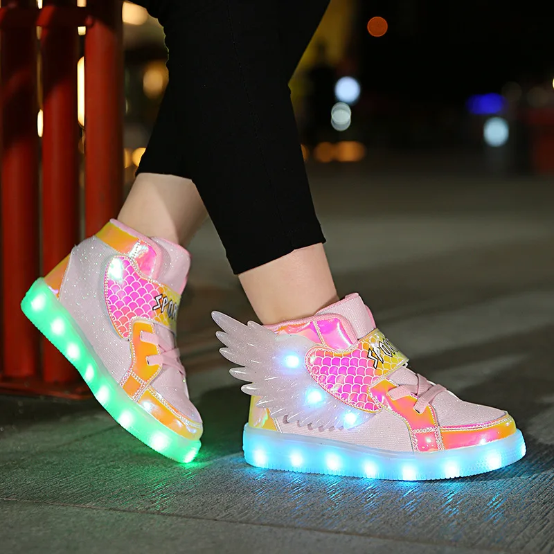 New Boys & Girls Children LED Shoes Fashion Lighted Sports Casual Kids Sneakers With Wings Size 27-37