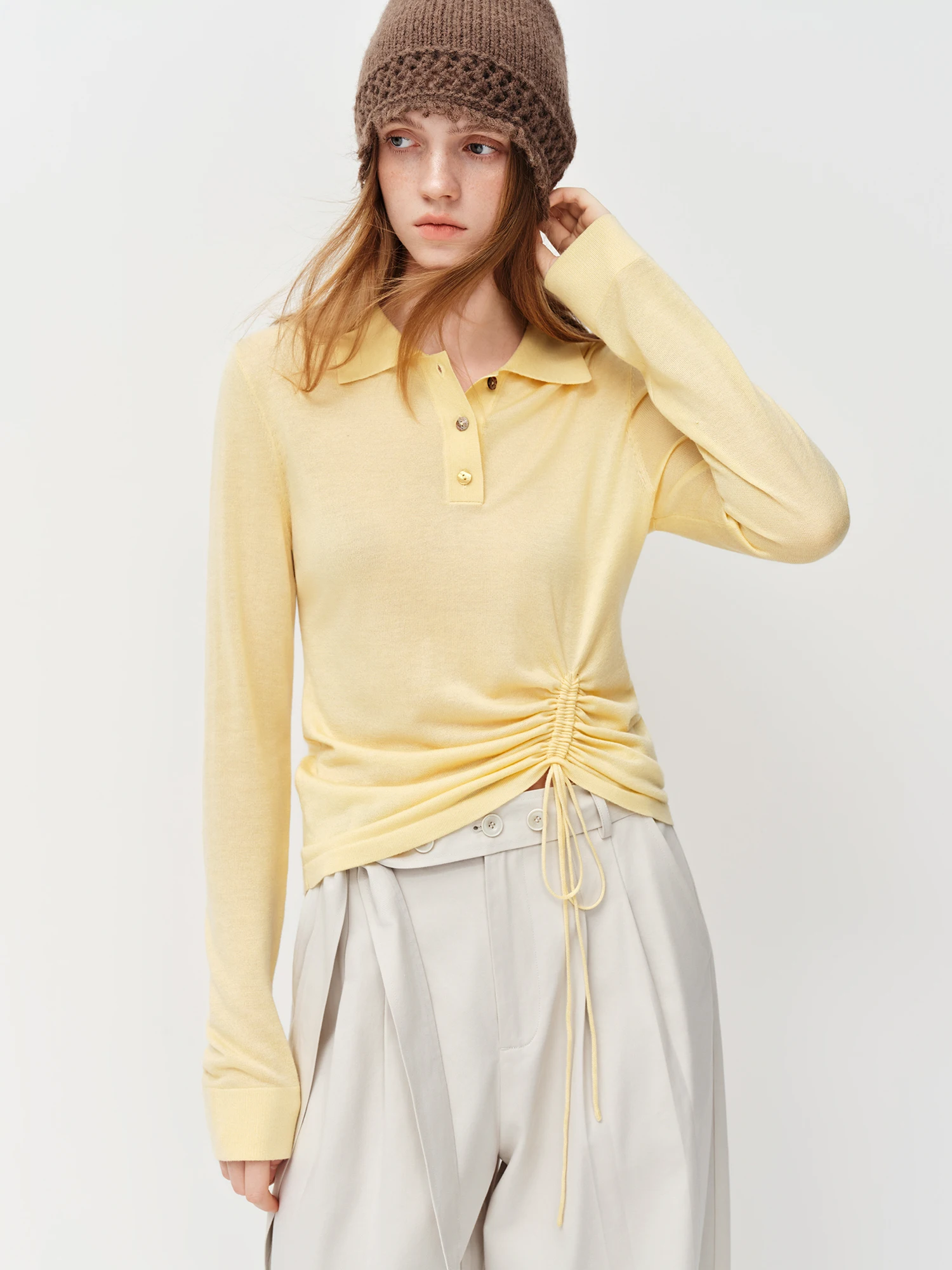 FSLE 2025 Spring Women's Solid Color Polo Collar Long Sleeve Knit Top Adjustable Waist Drawstring - Office Ready Casual Pullover