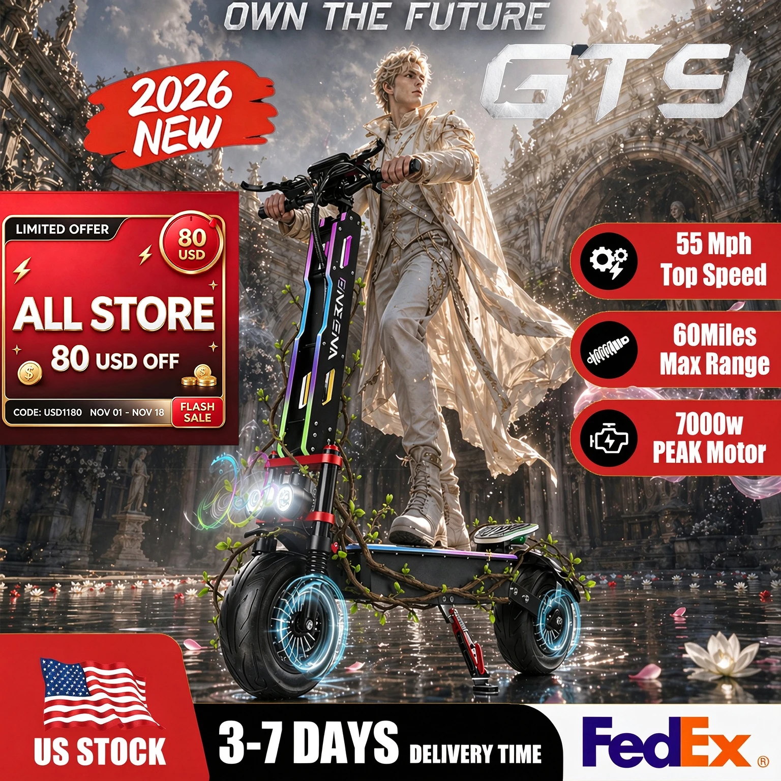 ONECNA NEW GT9 GT8 GT7 Adult Electric Scooter, 5600W/7000W Dual Motors, Maximum Speed up to 45 50 55 MPH, Equipped with 60V 33Ah/38Ah Battery, Maximum Speed up to 50/55 MPH, Large Display Screen, 11 Inch/12 inch Tubeless Tires with LED RGB Lights