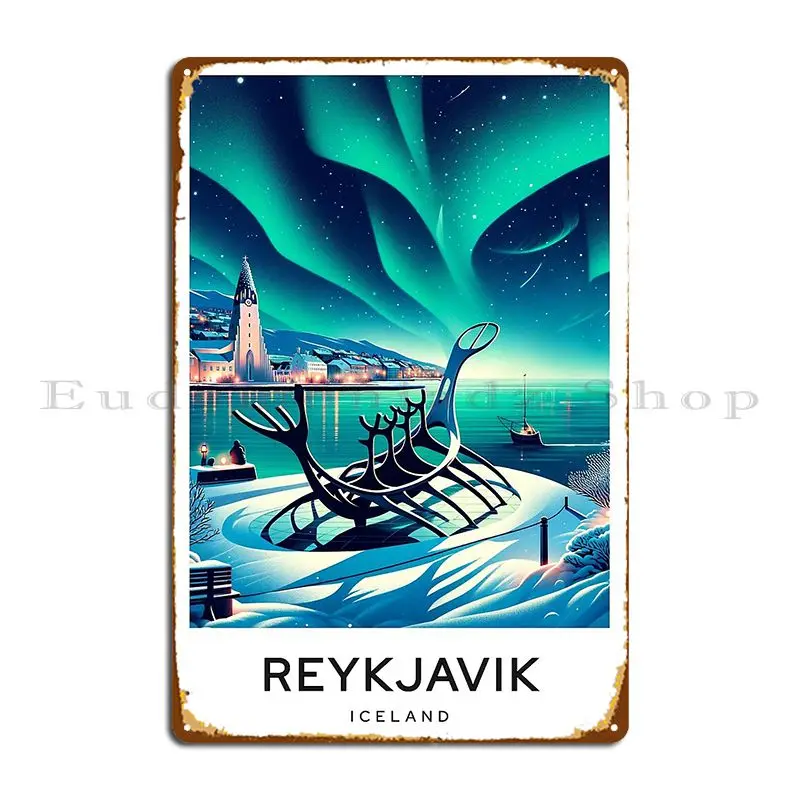 Winter Reykjavik Iceland With Northern Lights Metal Sign Painting Garage Cinema Iron Party Tin Sign Poster