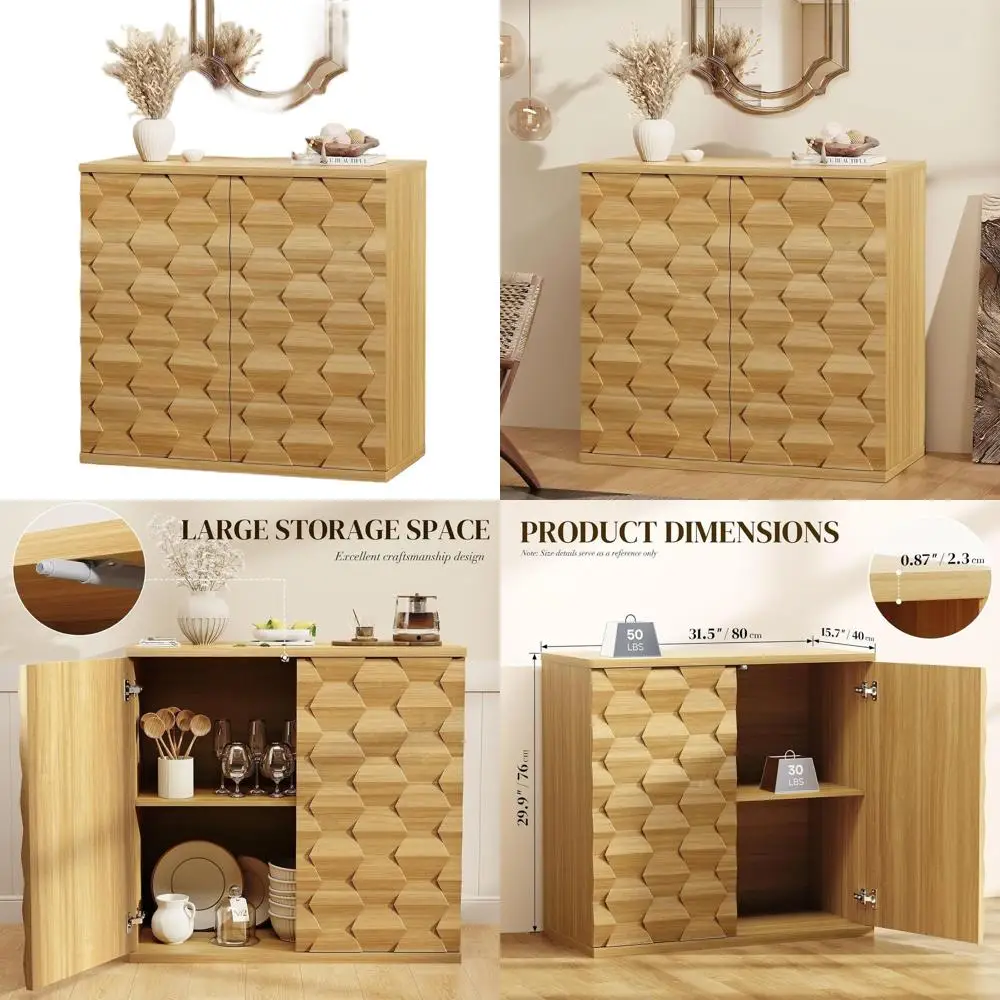 

Contemporary Fluted Storage Buffet Cabinet, 3-Dimensional Design, 31.5 Coffee Table for Entryway, Kitchen, Dining Room, Natural