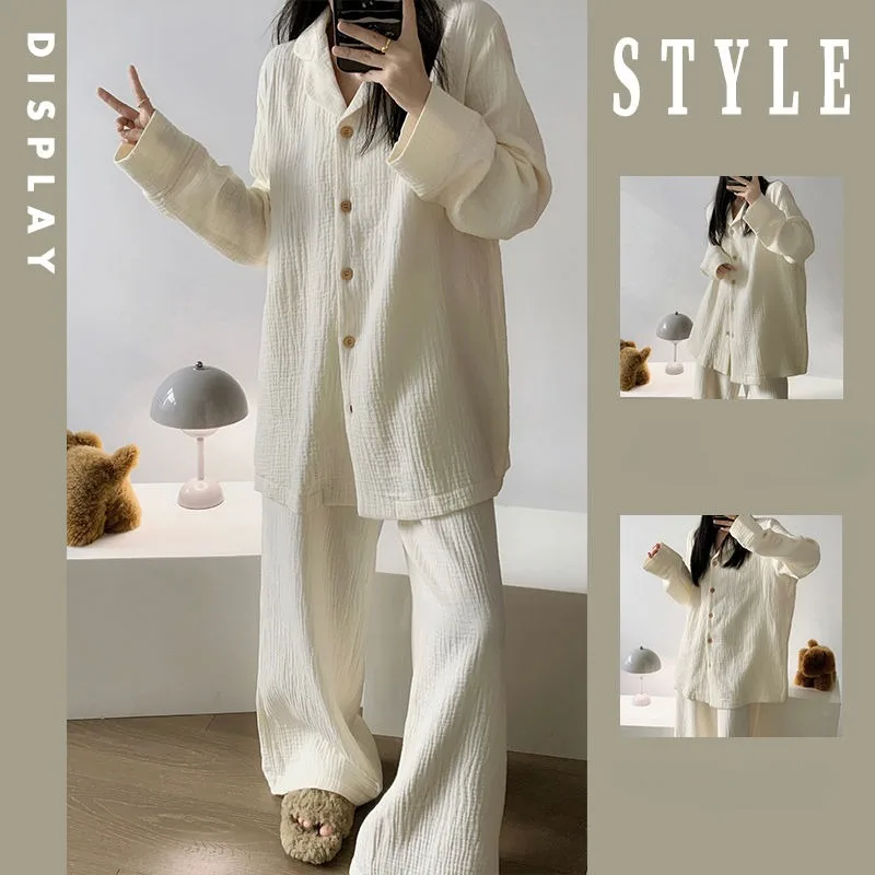 Women\'s Spring Autumn Cotton Pajamas 2024 Latest Korean Version of Solid Color Nightgown Long Sleeve Double Gauze Nightdress Set