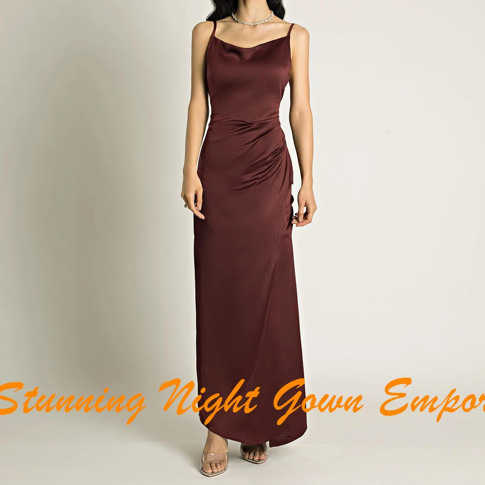 Disesuaikan Modern Crew leher Spaghetti tali gaun malam temperamen A-Line Satin lipatan foto warna gaun Prom Gown Gown