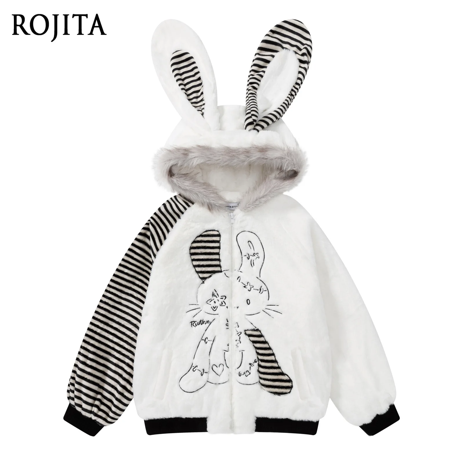 

Fashion Patchwork Striped Rabbit Ear Hooded Cotton Jacket for Men and Women Winter New Loose Warm Japanese Style Couple Coat