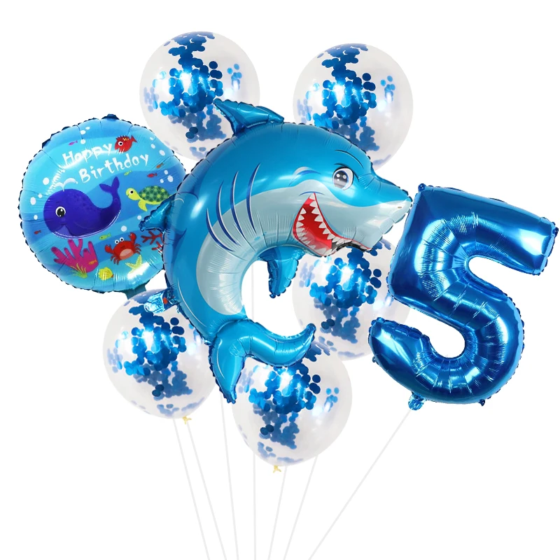 8pcs Birthday Party Decoration Sequined Shark Balloon Set Cartoon Aluminum Film Balloon Large Sea Animal Theme Toy Ball Ornament