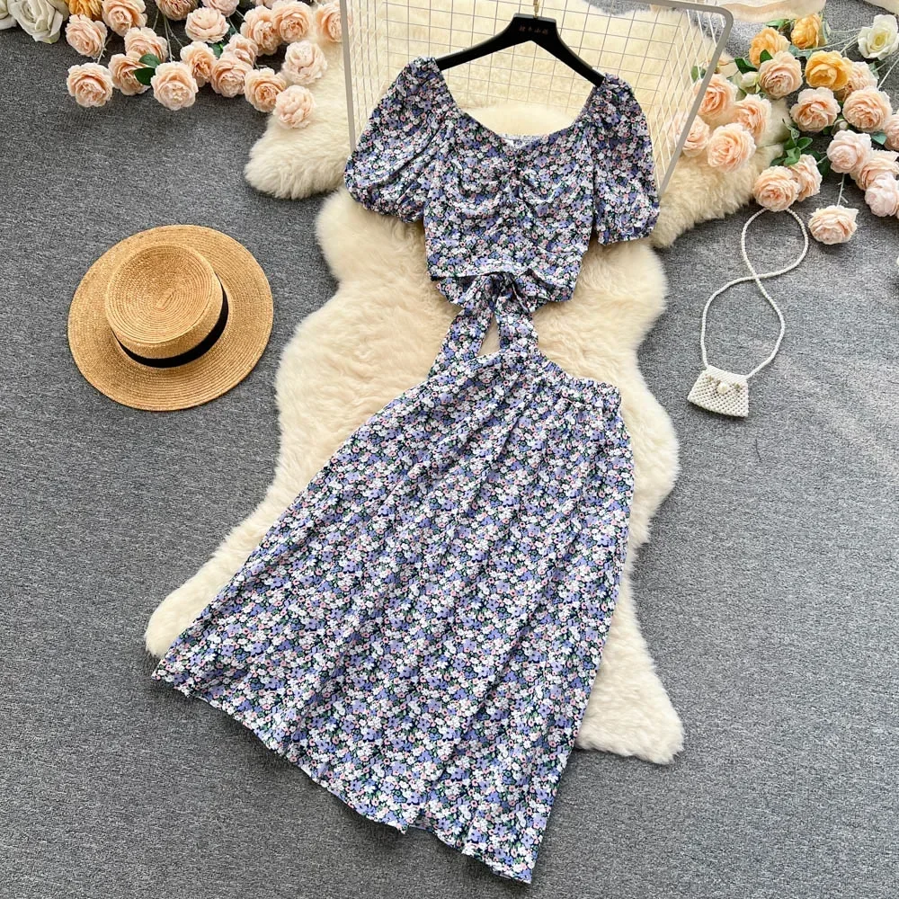 Fashion Floral Print Women Suits Short Puff Sleeve Lace Up Mini Top+Elastic Waist Loose A Line Skirt Summer Sweet Sets