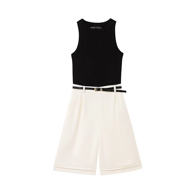 

Willshela Women Fashion With Belt Patchwork Side Zipper Mini Playsuits Vintage O-Neck Sleeveless Female Chic Lady Rompers