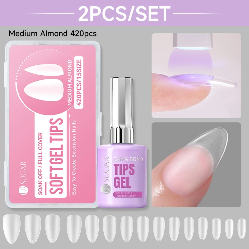 UR SUGAR 1/2Pcs Nail Tips Gel Set with False Nails 15ml Low Heat Curing Adhesive Soak Off UV LED Base Gel Nail Art Manicure