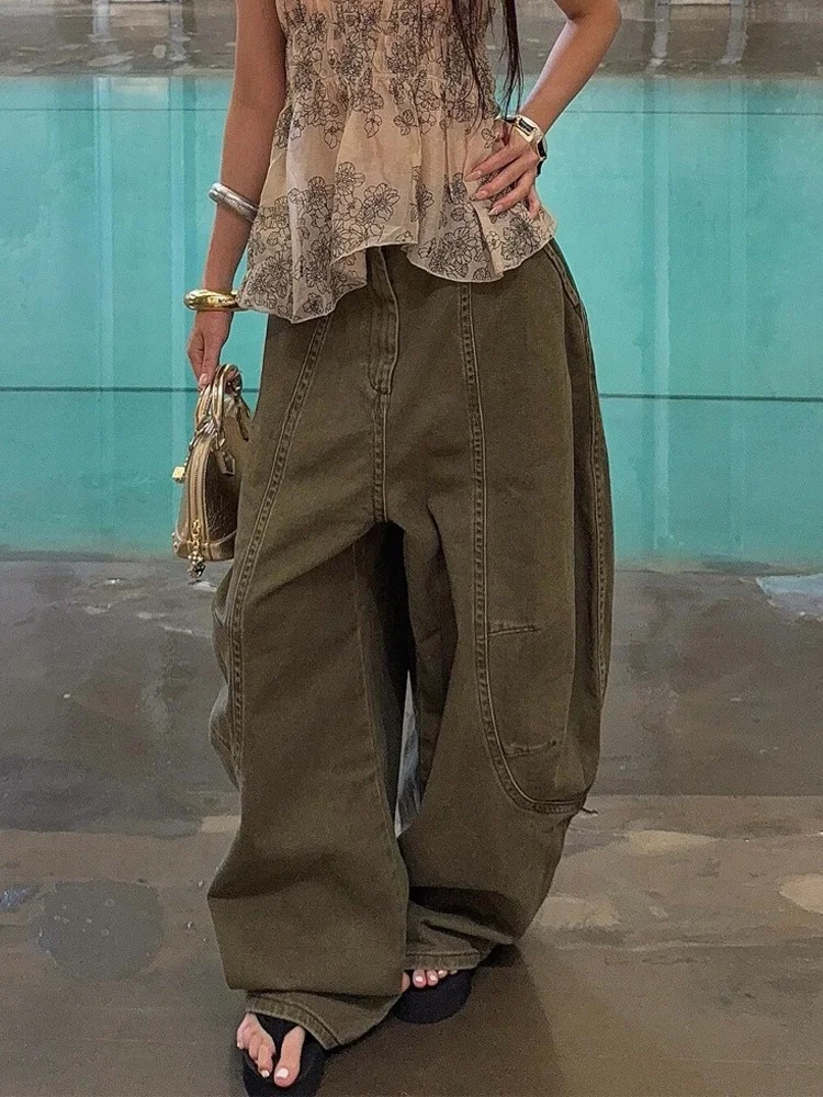 

Американские свободные джинсы в стиле ретро для женщин, цвета хаки, с эффектом потертости, с высокой талией, прямого кроя