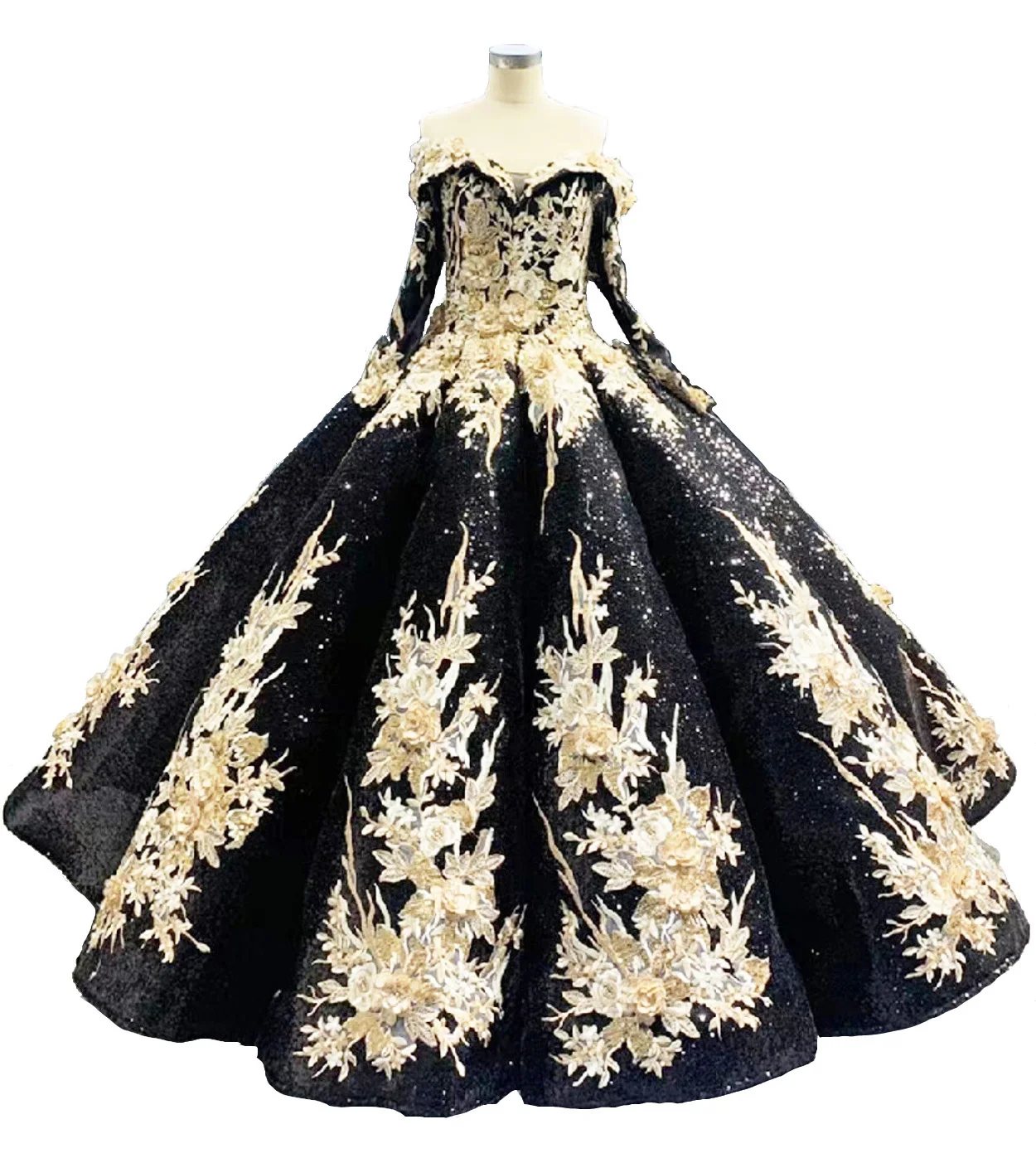 Glitter Sequin 3D Skirt Long Sleeve Puffy Black Quinceanera Dresses  Off the Shoulder Floor Length Ball Gown with Gold Flowers