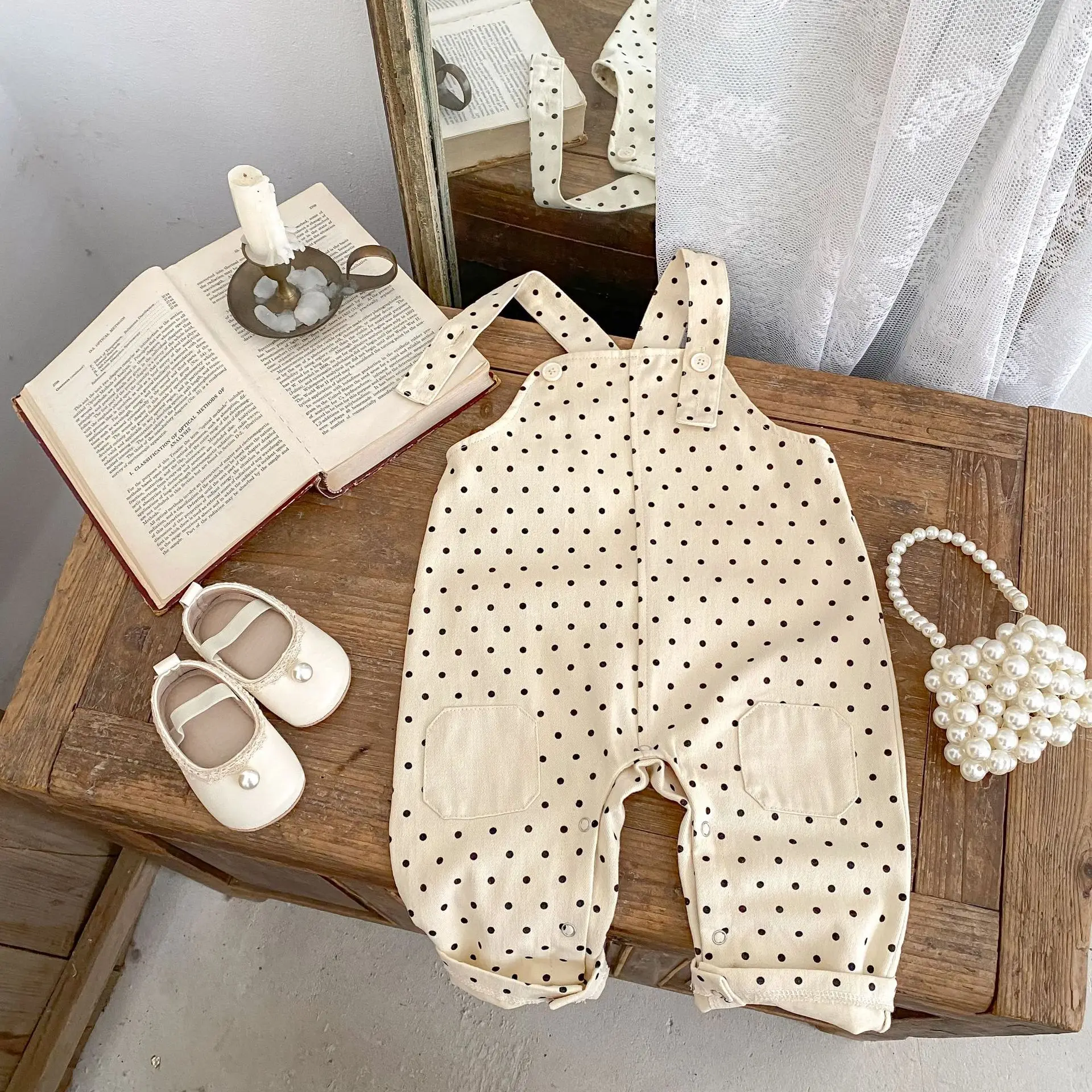 2025 Autumn Baby Overalls Pants with Polka Dots & Patches Korean Style Fashionable Toddler Suspenders Long Pants for Boys Girls