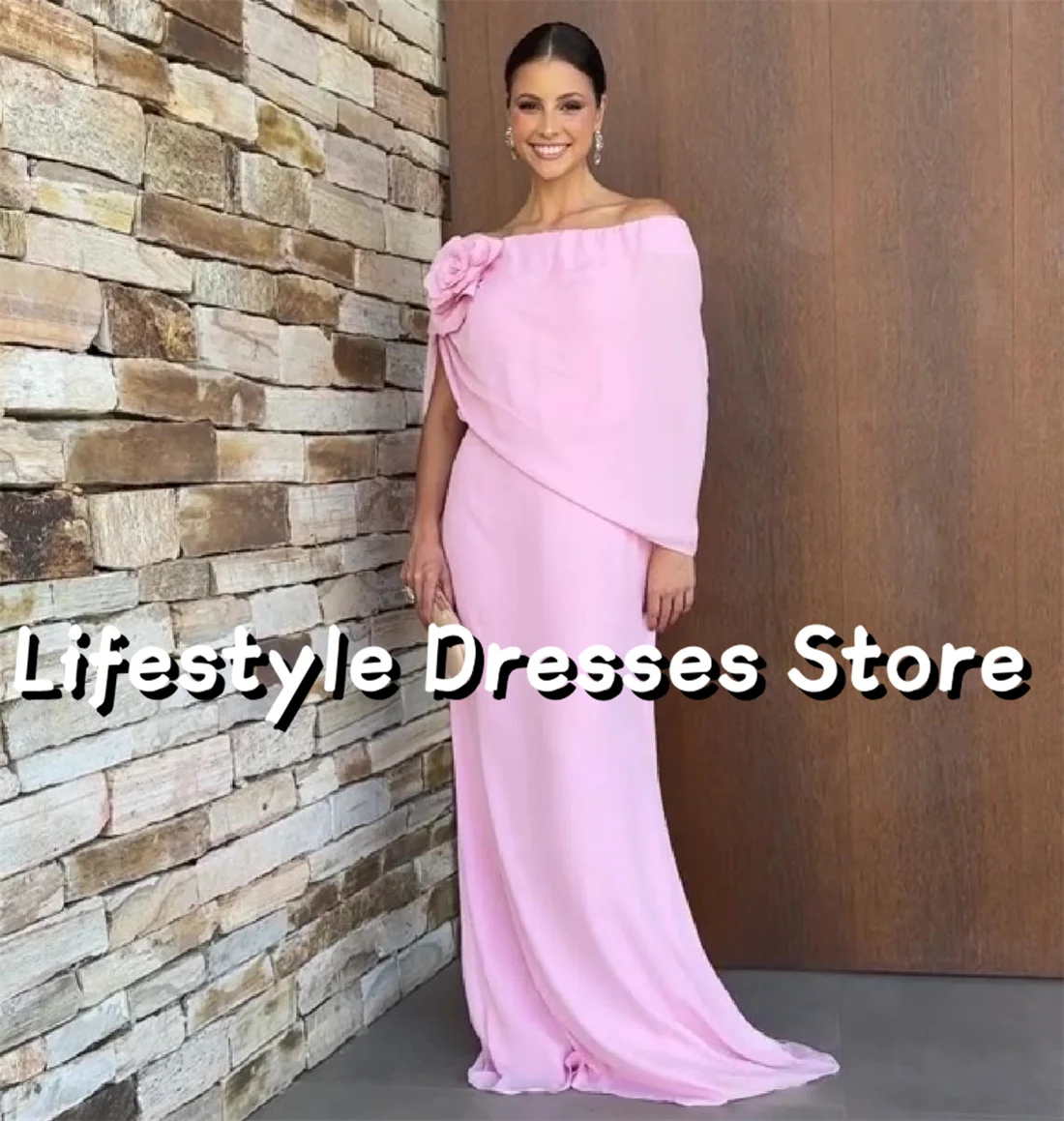 

Pink Shawl Prom Dress Flower Elegant Floor-length Formal Occasion Dress Off Shoulder vestidos de festa