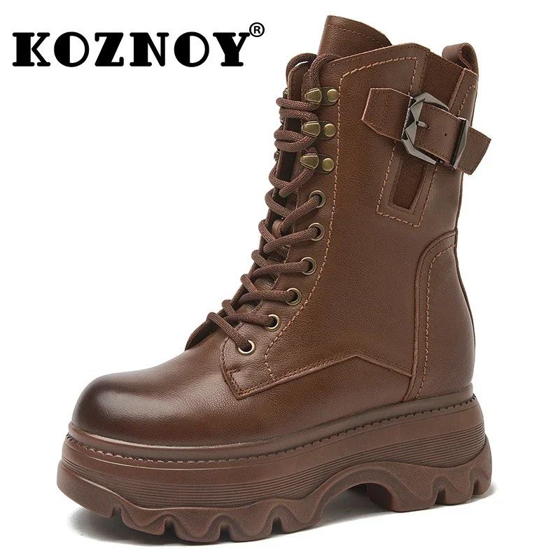 

Koznoy 6cm Ankle Boots Women Cow Genuine Leather British Wedge Ethnic ZIP Platform Moccasins Autumn Winter Plush Spring Shoes