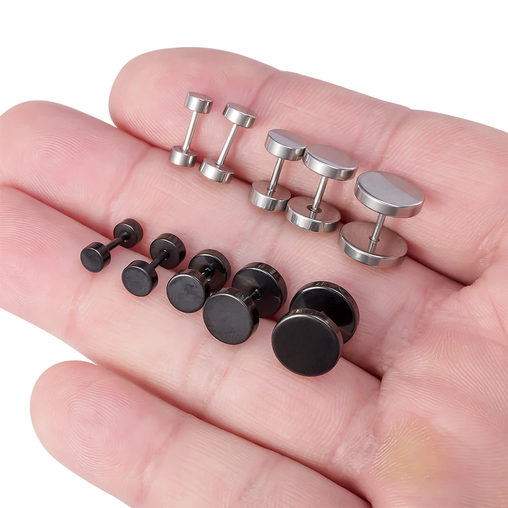 5Pcs 4-10mm Black Silver Color Cartilage Targus Helix Jewelry Surgical Steel Stud Earrings Unisex Faux Fake Gauge Plugs Earrings