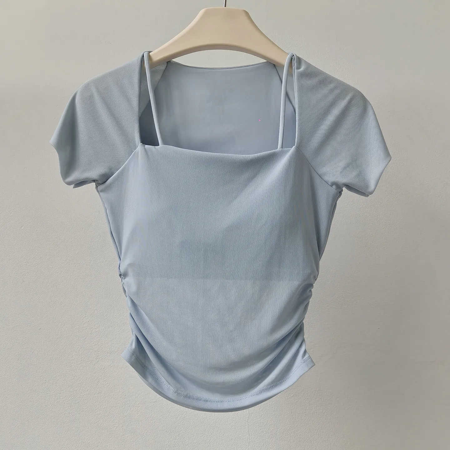 Yoga-Kleidung mit Brustpolstern, kurzärmelig, eckiger Kragen, eng anliegend, schnelltrocknend, Lauf-Sport-Oberteile, Fitness-Bekleidung, T-Shirts – Detail 2