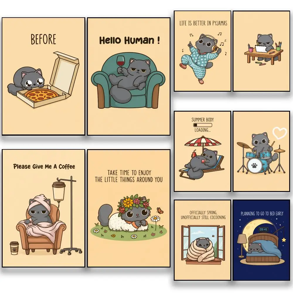Art F-Funny Lazy Cat Quotes Cartoon Poster HD Removable Wall Art Gift Bedroom Lounge Dorm Office Gaming Cafe Bars