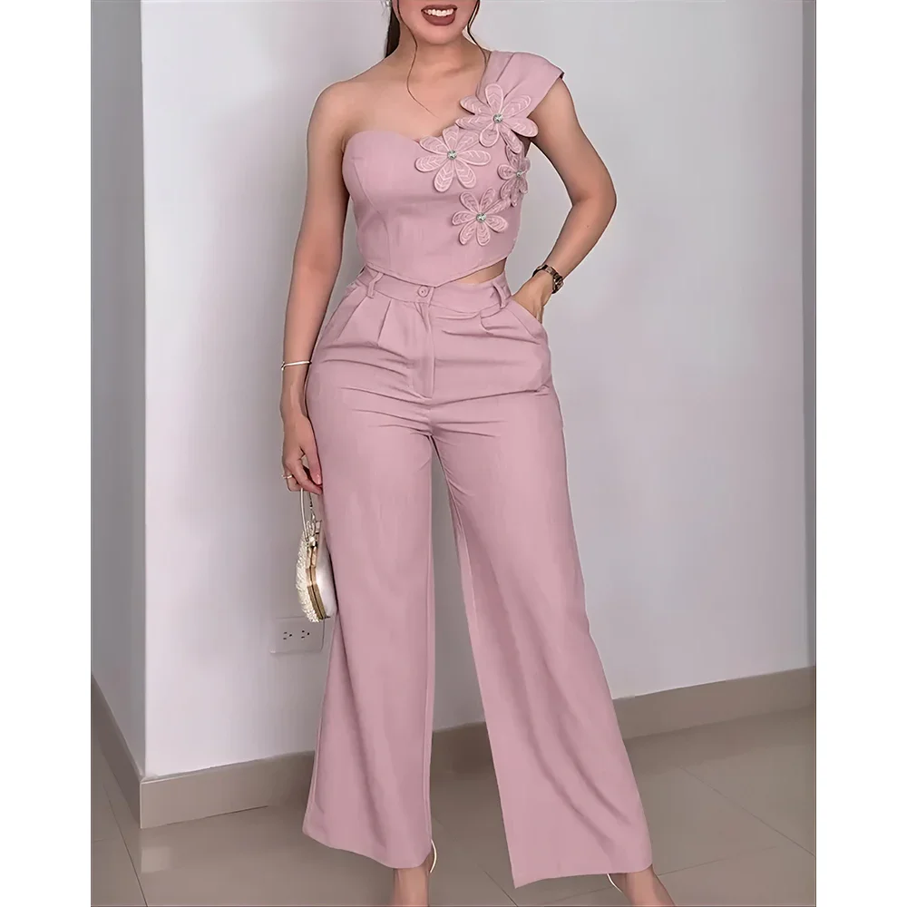 

Комплект из двух предметов, декор со стразами, 3D цветочная аппликация, укороченный топ без рукавов на одно плечо с гофрированной спиной и эластичный топ на молнии с высокой талией