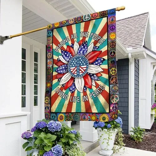 Hippie Peace Sign American Flag Imagine All The People Living Flag Graden Flag IIX WZZ yyi