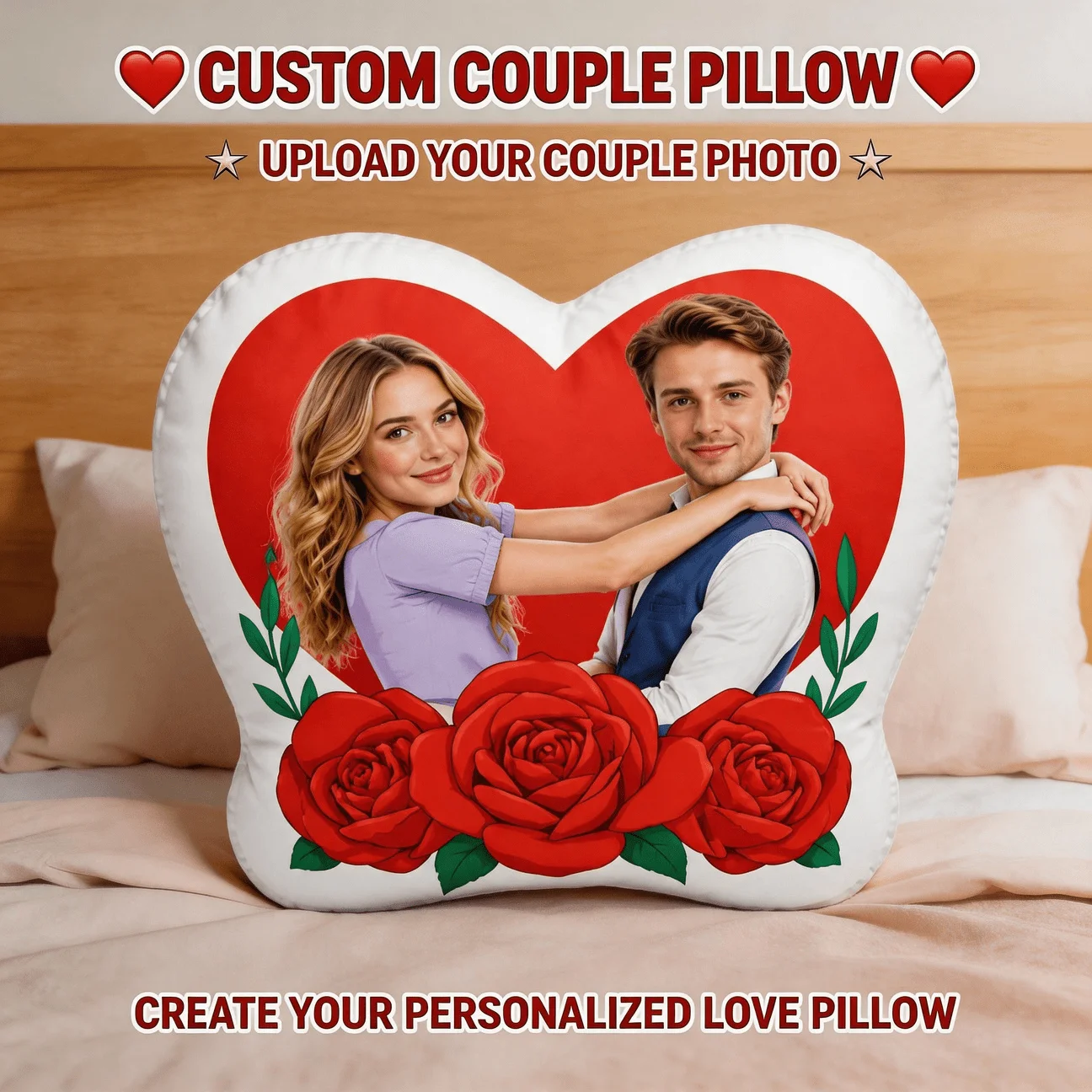 Personalized Couple Photo Shaped Pillow, Romantic Red Rose Heart Decorative Cushion, Custom Picture Home Decor Accent for Sofa &