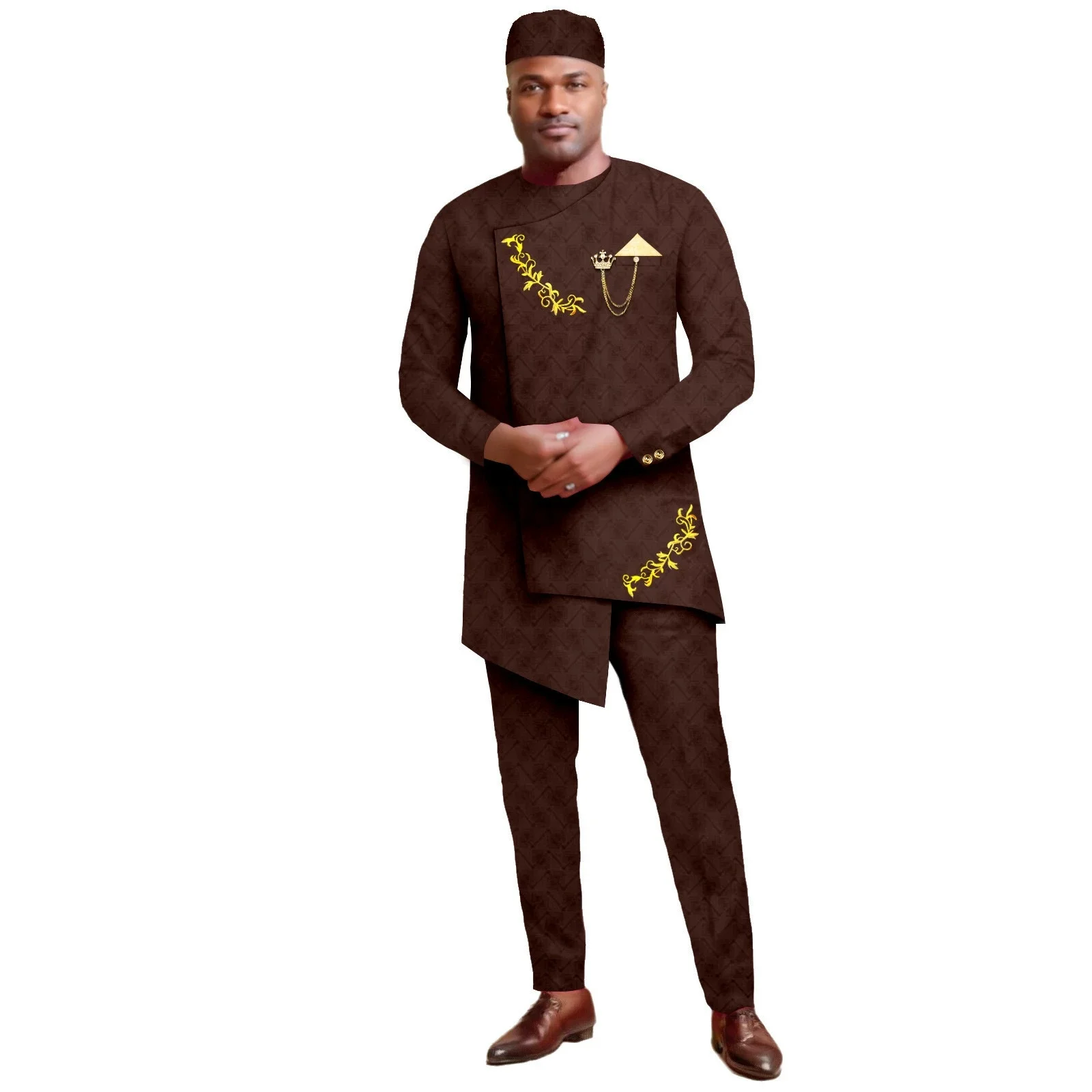 African Men Suits for Wedding 2025 Slim Fit Prom Party Wedding Grooms' Jacket Pants with Hat African Traditional Style