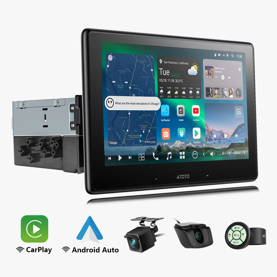 10 Zoll Android 13 Autoradio Single 1 Din mit einziehbarem Bildschirm, Bluetooth, Carplay, Android Auto, Multimedia-Player, 1Din Radio